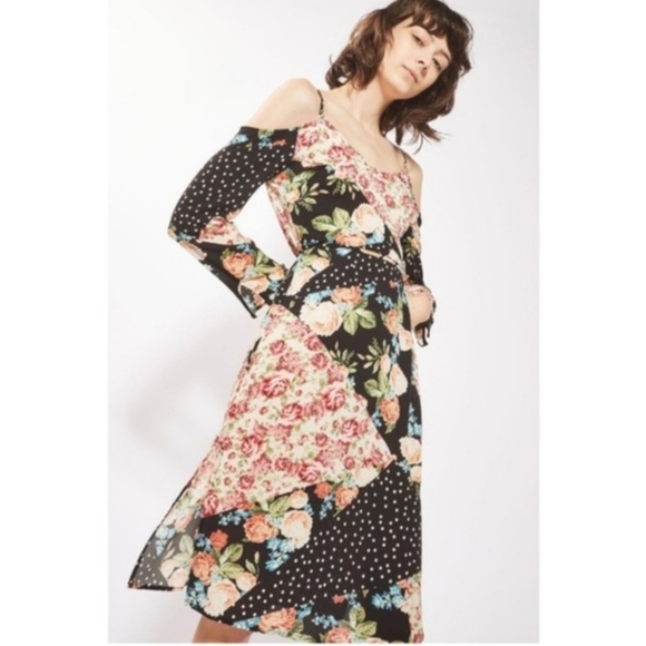 Topshop Dresses & Skirts - Topshop Dress Womens 4 Floral Patchwork Cold Shoulder Long Sleeve Tie Slit